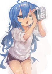 1girl absurdres black_shorts blue_eyes blue_hair bottle commentary_request drinking hair_between_eyes half-closed_eyes highres holding holding_bottle izumi_konata kaamin_(mariarose753) long_hair lucky_star open_mouth shirt shorts simple_background solo sweat very_long_hair water_bottle white_background white_shirt