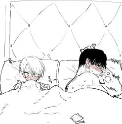 2boys androgynous bed bishounen black_hair blush condom condom_wrapper eyeliner heavy_breathing high_school_boy highres hong_iltak implied_after_sex implied_yaoi korean_commentary korean_text lee_hyunwoo makeup male_focus multiple_boys parkgee pillow red_eyeliner sanpaku short_hair spot_color sweat