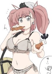 1girl 1other anchor_hair_ornament animal animal_on_head atlanta_(kancolle) atlanta_(swimsuit)_(kancolle) bag bikini breasts brown_hair cleavage commentary_request contrapposto earrings grey_bikini grey_eyes hair_ornament highres jewelry kantai_collection large_breasts layered_bikini long_hair looking_at_viewer on_head sheep shiki_kyouzoku side-tie_bikini_bottom simple_background star_(symbol) star_earrings swimsuit tupet two_side_up white_background