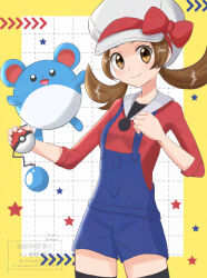 1girl aoneko4ao_(edwf7745) blue_overalls bow brown_eyes brown_hair closed_mouth commentary_request cowboy_shot eyelashes gen_2_pokemon grid_background hat hat_bow highres holding holding_poke_ball long_hair lyra_(pokemon) marill nintendo overalls poke_ball poke_ball_(basic) pokemon pokemon_(creature) pokemon_hgss red_shirt shirt smile star_(symbol) three-quarter_sleeves twintails watermark white_hat