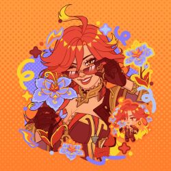 Rule 34 | 1girl, adjusting eyewear, ahoge, artist name, bloominflowers, blue flower, brown gloves, chibi, chibi inset, flower, genshin impact, gloves, grin, holding, holding flower, mavuika (genshin impact), one eye closed, orange background, orange eyes, red hair, smile, sunglasses, tinted eyewear