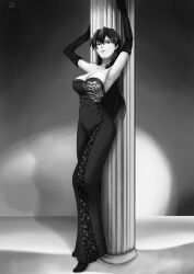 Rule 34 | 1girl, alternate costume, armpits, arms up, bambietta basterbine, bare shoulders, black dress, black eyes, black gloves, black hair, black shoes, bleach, bleach: sennen kessen-hen, breasts, closed mouth, collarbone, column, commentary, commission, contemporary, dress, elbow gloves, english commentary, formal clothes, full body, gloves, grey background, greyscale, hair between eyes, highres, large breasts, lips, long dress, long hair, looking at viewer, monochrome, no headwear, pillar, shoes, signature, simple background, smile, solo, standing, strapless, strapless dress, zelgadisgw