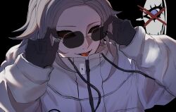 Rule 34 | 1boy, abing926, adjusting eyewear, aotsuki eito, arms up, black background, black gloves, drawstring, glasses, gloves, grey hair, highres, hollow eyes, jacket, looking at viewer, male focus, portrait, red x, short hair, smile, solo, spoilers, the hundred line -last defense academy-, tongue, tongue out, white jacket, x