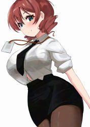 1girl aqua_eyes black_bra black_necktie black_pantyhose black_skirt blush bra bra_visible_through_clothes breasts brown_hair collared_shirt emma_verde hair_between_eyes highres lanyard large_breasts long_hair looking_at_viewer love_live! love_live!_nijigasaki_high_school_idol_club medium_hair necktie office_lady pantyhose pisagi shirt sidelocks simple_background skirt smile solo standing underwear white_background white_shirt