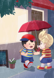bad_tag black_hair blonde_hair child hat lucas_(mother_3) mother_(series) mother_2 ness_(mother_2) night nintendo rain red_hat shirt shota sjsj_10 striped_clothes striped_shirt super_smash_bros. umbrella