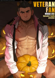 Rule 34 | 1boy, abs, alca (wakatanka4), animal ears, bara, beard, black hair, closed mouth, facial hair, full beard, gyee, highres, jack-o&#039;-lantern, jacket, large pectorals, lion ears, looking at viewer, male focus, masayoshi togashi (alu379), muscular, muscular male, naked shirt, navel, nipples, open clothes, open jacket, paid reward available, pectorals, shirt, short hair, sitting, solo, white shirt