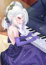 1girl back blue_archive breasts demon_girl demon_horns earrings elbow_gloves gloves grand_piano highres hina_(blue_archive) hina_(dress)_(blue_archive) hirekatsu-kan horns indoors instrument jewelry long_hair music necklace open_mouth pendant piano playing_instrument playing_piano sitting small_breasts solo white_hair