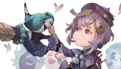 Rule 34 | 1girl, artist logo, bead bracelet, bead necklace, beads, bird, blue dress, bracelet, braid, braided ponytail, bug, butterfly, coin hair ornament, commentary, dress, earrings, english commentary, genshin impact, hair ornament, hand on animal, hat, highres, insect, jewelry, jiangshi, logo, long hair, long sleeves, looking at another, necklace, ofuda, ofuda on head, open mouth, portrait, purple eyes, purple hair, purple hat, qingdai guanmao, qiqi (genshin impact), simple background, single braid, skyler, solo, solo focus, vision (genshin impact), white background