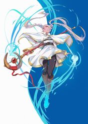 Rule 34 | 1girl, belt, black pantyhose, boots, brown boots, capelet, earrings, elf, floating, floating clothes, floating earrings, floating hair, frieren, from below, full body, gold trim, half-closed eyes, highres, holding, holding staff, jewelry, long hair, mage staff, magic, muju, pantyhose, parted lips, pointy ears, shirt, simple background, skirt, solo, sousou no frieren, staff, striped clothes, striped shirt, twintails, white capelet, white hair