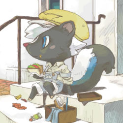 blue_eyes animal_crossing food kicks_(animal_crossing) lowres nintendo sandwich skunk white_hair