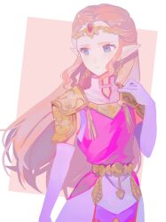 1girl a15179222 armor blonde_hair blue_eyes blush breasts circlet closed_mouth dress earrings gloves highres jewelry long_hair looking_at_viewer nintendo pink_dress pointy_ears princess_zelda short_sleeves shoulder_armor sidelocks simple_background solo the_legend_of_zelda the_legend_of_zelda:_ocarina_of_time tiara triforce white_gloves