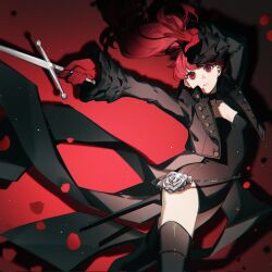 Rule 34 | 1girl, black coat, black leotard, black thighhighs, breasts, cleavage, coat, flower, gloves, highres, holding, holding sword, holding weapon, leotard, lluyss, long hair, parted lips, persona, persona 5, persona 5 the royal, ponytail, rapier, red background, red eyes, red gloves, red hair, red petals, rose, small breasts, solo, sword, thighhighs, thighs, violet (persona 5), weapon, yoshizawa kasumi