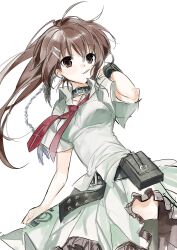 1girl =_hair_ornament belt belt_pouch black_thighhighs bracelet brown_eyes brown_hair cigarette collared_shirt cross cross_print deezydays floating_hair hair_ornament highres jewelry long_hair looking_at_viewer minakami_yuki mouth_hold necktie ponytail pouch red_necktie school_uniform shirt shorts simple_background sketch skirt smoking solo subarashiki_hibi tassel tassel_hair_ornament thighhighs white_background white_shirt white_skirt