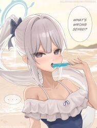 1girl absurdres bare_shoulders blue_archive blue_bow blue_eyes blue_one-piece_swimsuit blush bow food food_in_mouth hair_between_eyes hair_bow highres holding holding_food holding_popsicle long_hair looking_at_viewer miyako_(blue_archive) miyako_(swimsuit)_(blue_archive) official_alternate_costume official_alternate_hairstyle one-piece_swimsuit open_mouth ponytail popsicle rosumini sidelocks solo swimsuit teeth upper_teeth_only