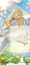 1girl :d blonde_hair closed_eyes cloud collared_dress commentary_request day dress eyelashes flower grass happy hat highres holding lillie_(pokemon) long_hair mizutani_megumi nintendo official_art on_swing open_mouth outdoors pokemon pokemon_sm pokemon_tcg pokemon_tcg_pocket rainbow sitting sky sleeveless sleeveless_dress smile socks solo sun_hat swing watermark