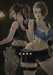 Rule 34 | 2girls, arm tattoo, ass, back-to-back, bare shoulders, black tank top, blue eyes, blue tank top, breasts, brown hair, bruise, capcom, chain-link fence, claire redfield, commentary, crop top, denim, denim shorts, dirty, fence, fingerless gloves, gloves, gun, handgun, heart, heart tattoo, high ponytail, highres, holding, holding gun, holding weapon, injury, jewelry, jill valentine, large breasts, long hair, midriff, multiple girls, navel, necklace, pistol, ponytail, rain wzq, resident evil, resident evil 2, resident evil 2 (remake), resident evil 3: nemesis, resident evil 3 (remake), severed hand, shorts, sidelocks, stomach, stomach tattoo, tank top, tattoo, thick thighs, thigh strap, thighs, torn clothes, underboob, weapon