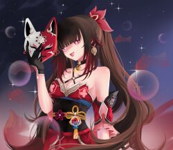 1girl absurdres bare_shoulders bell black_gloves black_hair blunt_bangs breasts cleavage detached_sleeves flower-shaped_pupils fox_mask gloves hair_ornament highres holding holding_mask honkai:_star_rail honkai_(series) japanese_clothes long_hair mask medium_breasts mole mole_under_each_eye mole_under_eye multiple_moles neck_bell red_eyes saito_(saito_art) solo sparkle_(honkai:_star_rail) symbol-shaped_pupils tongue tongue_out twintails