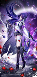 1girl absurdres acheron_(honkai:_star_rail) asymmetrical_footwear asymmetrical_gloves black_boots black_gloves black_shorts boots fingerless_gloves floating_hair full_body gloves hair_between_eyes hair_over_one_eye high_heels highres holding holding_sword holding_weapon honkai:_star_rail honkai_(series) lightning long_hair long_sleeves looking_at_viewer mismatched_gloves multicolored_hair navel parted_lips purple_eyes purple_hair rain sheya shorts solo standing streaked_hair sword thigh_boots uneven_footwear weapon wide_sleeves