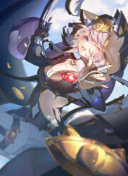 1girl ;o absurdres animal_ears animal_hood black_gloves black_leotard blue_eyes breasts cat_ears cat_girl cat_hood cat_tail cipher_(honkai:_star_rail) cleavage commentary_request gem gloves grey_hair highres holding holding_jewelry holding_necklace honkai:_star_rail honkai_(series) hood hooded_leotard jewelry large_breasts leotard necklace no_ying_sakura one_eye_closed open_mouth pearl_necklace short_hair_with_long_locks spirithief_bartholos_(honkai:_star_rail) tail yellow_nails