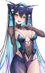 Rule 34 | 1girl, :d, absurdres, aqua hair, arm behind back, black hair, breasts, bubble hair ornament, colored inner hair, cone hair bun, covered navel, cowboy shot, double bun, dress, goddess of victory: nikke, hair bun, hair intakes, hair ornament, hand up, highres, kurone rinka, little mermaid (abyss flower) (nikke), little mermaid (nikke), looking at viewer, medium breasts, multicolored hair, open mouth, revealing clothes, simple background, slit pupils, smile, solo, two-tone hair, white background, yellow eyes