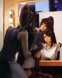2girls bandana bare_shoulders brown_eyes brown_hair chair comforting crop_top earrings elbow_gloves final_fantasy final_fantasy_vii final_fantasy_vii_remake fingerless_gloves floating_earring gloves headband high_ponytail highres jessie_rasberry jewelry long_hair mirror multiple_girls ponytail red_bandana red_eyes red_headband reflection sitting spykeee standing swept_bangs tank_top taut_clothes tifa_lockhart white_tank_top