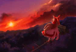 1girl architecture beichen_xiaobei bow brown_hair cherry_blossoms cloud east_asian_architecture female_focus fence floating forest from_above from_behind hair_bow hakurei_reimu hakurei_shrine highres hokora_(shrine) levitation long_hair mary_janes nature path petals ponytail red_theme road shoes socks solo sunset torii touhou very_long_hair wind wooden_fence