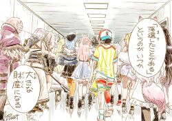 6+girls ahoge animal_ears azki_(4th_costume)_(hololive) azki_(hololive) backwards_hat baseball_cap black_hair black_hat black_jacket black_shoes blonde_hair blue_hair blue_skirt braid buru-dai commentary_request demon_horns dress eyewear_on_head from_behind full_body gradient_hair green_hair green_shirt grey_hair hakui_koyori hakui_koyori_(1st_costume) hat hololive hololive_dev_is horns hoshimachi_suisei hoshimachi_suisei_(casual) ichijou_ririka ichijou_ririka_(1st_costume) indoors jacket lion_ears long_hair multicolored_hair multiple_girls nakiri_ayame official_alternate_costume official_alternate_hairstyle oozora_subaru oozora_subaru_(1st_costume) orange_pantyhose pantyhose pink_hair rindo_chihaya sakura_miko sakura_miko_(street) sheep_horns shirogane_noel shirogane_noel_(1st_costume) shirt shishiro_botan shishiro_botan_(1st_costume) shoes short_hair shorts signature skirt striped_clothes striped_shirt tail takane_lui takane_lui_(1st_costume) translation_request tsunomaki_watame tsunomaki_watame_(1st_costume) virtual_youtuber white_hair white_shorts wolf_ears wolf_tail
