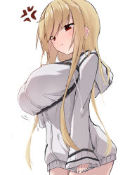 1girl 9-nine- absurdres anger_vein arm_at_side belt black_belt blonde_hair blush breast_hold breasts closed_mouth commentary_request cowboy_shot embarrassed from_below frown ghost_(9-nine-) hair_over_one_eye hair_over_shoulder highres hood hood_down hoodie large_breasts long_hair long_sleeves looking_down motion_lines red_eyes simple_background sleeves_past_wrists solo straight_hair takoyaki032002 v-shaped_eyebrows very_long_hair white_background white_hoodie