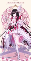 1girl asymmetrical_legwear ballet_slippers black_hair closed_eyes columbina_(genshin_impact) feathered_wings feathers frilled_thigh_strap genshin_impact harp head_wings highres holding holding_harp instrument long_hair open_mouth red_hair ribbon rina_sukareltuto shoes solo thigh_strap thighhighs twitter_username very_long_hair white_ribbon white_shoes white_thighhighs wings wrist_ribbon
