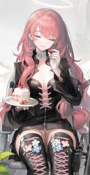 1girl absurdres arknights black_jacket black_shirt boots bottomless breasts cake cleavage closed_eyes closed_mouth cross-laced_clothes detached_wings energy_wings food fruit halo highres holding holding_food holding_fruit holding_plate jacket lace-up_boots lemuen_(arknights) long_hair long_sleeves medium_breasts no_panties no_pants nopetroto open_clothes open_jacket pink_hair plate pussy shirt sitting smile solo strawberry strawberry_shortcake thigh_boots thighs wheelchair wings
