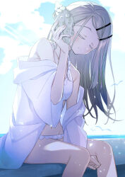 1girl absurdres bare_shoulders bikini bird blonde_hair blush closed_eyes closed_mouth cloud cloudy_sky commentary_request day gakuen_idolmaster hair_ornament hairclip head_tilt highres holding holding_shell idolmaster long_hair navel ocean off_shoulder outdoors seagull shell shinosawa_hiro sitting sky smile solo swimsuit tamago_sando white_bikini