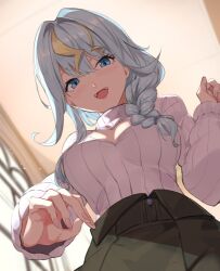 1girl blonde_hair blue_hair braid breasts cleavage_cutout clothing_cutout commission fangs from_below hair_intakes heart_cutout kaminari_clara lightning_bolt-shaped_pupils long_hair long_sleeves multicolored_hair nos_(nos_tsn) open_mouth phase_connect ribbed_sweater second-party_source skeb_commission skirt smile solo streaked_hair sweater symbol-shaped_pupils virtual_youtuber white_sweater