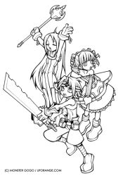 1boy 2000s_(style) 2girls archer_(disgaea) arms_up bad_id boots bow_(weapon) closed_eyes commentary_request copyright_notice crop_top dated_commentary disgaea dress drill_hair full_body headband healer_(disgaea) holding holding_bow_(weapon) holding_staff holding_sword holding_weapon korean_commentary looking_afar looking_at_viewer male_warrior_(disgaea) midriff monster_gogo multiple_girls open_mouth pointy_ears quad_drills shirt short_hair shorts simple_background sleeveless sleeveless_shirt staff strapless strapless_dress sword weapon