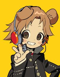 Rule 34 | 1boy, animal ears, betti (xx betti), brown eyes, brown hair, dog ears, hanamura yousuke, headphones, highres, looking at viewer, male focus, persona, persona 4, school uniform, smile, v, yasogami school uniform