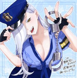 1girl absurdres black_gloves blue_hat blue_lips blue_shirt blue_skirt breasts cleavage collarbone cuffs eyeliner fate/grand_order fate_(series) fingerless_gloves gloves hair_over_one_eye handcuffs hat highres hiyayaako large_breasts long_hair looking_at_viewer makeup mrs._snake_(fate) necktie open_mouth police police_hat police_uniform shirt short_sleeves skirt smile tongue tongue_out translation_request white_hair yellow_eyes