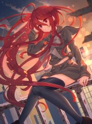 1girl absurdres alastor_(shakugan_no_shana) arm_at_side backlighting buttons cityscape colored_eyelashes commentary double-breasted dutch_angle eyelashes feet_out_of_frame film_grain floating_hair green_sailor_collar green_shirt green_skirt hair_spread_out hand_up highres knees_together_feet_apart light_blush light_particles long_hair long_sleeves midriff miniskirt navel on_railing outdoors parted_lips railing red_eyes red_hair sailor_collar school_uniform seiyagasa serafuku shakugan_no_shana shana shirt sidelocks sitting skirt smile solo sunset thighhighs very_long_hair zettai_ryouiki