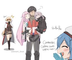 1boy 4girls artist_name beret black_gloves black_hair black_jacket black_pants blonde_hair blue_hair blush_stickers brown_jacket closed_eyes closed_mouth coat colphne_(girls&#039;_frontline_2) commander_(girls&#039;_frontline) english_text facing_viewer girls&#039;_frontline girls&#039;_frontline_2:_exilium gloves groza_(girls&#039;_frontline_2) hat helena_(girls&#039;_frontline_2) highres jacket long_hair m200_(girls&#039;_frontline) multicolored_jacket multiple_girls open_clothes open_coat open_mouth orange_eyes ots-14_(girls&#039;_frontline) pants pink_hair red_jacket short_hair simple_background smart_oval standing sweatdrop teeth twitter_username two-tone_jacket upper_teeth_only white_background white_coat white_hat wing-shaped_hair
