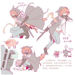 ... 1girl 1other ? absurdres angry arknights black_gloves black_jacket chibi chinese_commentary chinese_text commentary_request crownslayer_(arknights) doctor_(arknights) dopperu_ben elbow_gloves fingerless_gloves flat_color frown gloves highres holding holding_machete holding_weapon hood hood_up hooded_jacket jacket kal&#039;tsit_(arknights) kneeling looking_ahead machete mask mon3tr_(arknights) mon3tr_(summon)_(arknights) mouth_mask ninja_mask orange_eyes orange_hair orange_tail running scar scar_on_arm short_hair simple_background spoken_ellipsis spoken_question_mark squatting tail translation_request weapon white_background