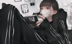 1girl black_eyes black_hair black_jacket black_nails black_pants black_track_suit commentary_request covered_mouth eyelashes fingernails handheld_game_console highres holding holding_handheld_game_console hood hoodie indoors jacket knees_up long_hair lying mano_aaa mask mouth_mask nail_polish nintendo_switch on_back original pants picture_frame playing_games portrait_(object) sleeves_past_wrists solo track_suit unworn_hoodie