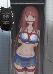 1girl absurdres alternate_costume arms_behind_back bare_arms bare_shoulders bdsm blue_eyes blue_skirt blush bondage bound breasts cailin020 cheerleader collarbone commentary cowboy_shot english_commentary english_text gagged genshin_impact highres locker long_hair looking_at_viewer low_twintails medium_breasts midriff navel nilou_(genshin_impact) no_headwear paid_reward_available red_hair shibari skirt solo standing stomach twintails very_long_hair