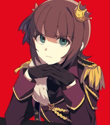 1girl aiguillette amami_haruka ap_bar brown_gloves brown_hair crown epaulettes frown glaring gloves green_eyes hair_ribbon idolmaster idolmaster_(classic) long_sleeves military military_uniform mini_crown own_hands_clasped own_hands_together red_background ribbon short_hair simple_background solo upper_body