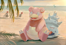 :d absurdres claws commentary_request creatures_(company) day fangs game_freak gen_1_pokemon gen_7_pokemon highres lapras nintendo open_mouth outdoors pokemon pokemon_(creature) sand sandygast shadow shore sitting slowbro smile tongue water yj0i0