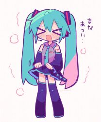 &gt;o&lt; 1girl aqua_eyes aqua_hair aqua_necktie black_sleeves blush chibi chibi_only clothes_lift detached_sleeves grey_shirt hair_between_eyes hatsune_miku highres hot lifting_own_clothes long_hair necktie open_mouth richard_(richaball) shirt skirt skirt_lift solo steam sweat thighhighs twintails vocaloid white_background zettai_ryouiki