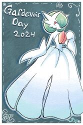 Rule 34 | artist name, bob cut, character name, colored skin, dress, elbow gloves, gardevoir, gardevoir day, gen 3 pokemon, gloves, green hair, hair over one eye, highres, mega gardevoir, mega pokemon, nintendo, pink eyes, pokemon, pokemon (creature), signature, smile, strapless, strapless dress, theweisslily, white dress, white gloves, white skin