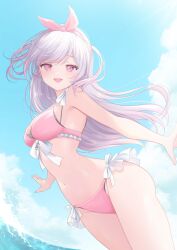 Rule 34 | 1girl, absurdres, bikini, blue sky, bow, bow hairband, breasts, cleavage, cloud, cowboy shot, cumulonimbus cloud, day, dot nose, dutch angle, floating hair, frilled bikini top, front-tie bikini top, front-tie top, glint, hairband, highres, indie virtual youtuber, kurage cc, legs together, light blush, light rays, long hair, looking at viewer, medium breasts, navel, ocean, open hand, open mouth, outdoors, outstretched arms, pink bikini, pink bow, pink eyes, pink hair, pink hairband, purple hair, side-tie bikini bottom, sky, smile, solo, standing, stomach, sunbeam, sunlight, swept bangs, swimsuit, very long hair, virtual youtuber, wading, water, water drop, wet