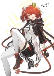1girl :d absurdres arknights black_gloves black_jacket black_shorts chinese_commentary commentary_request crop_top cropped_jacket crown detached_wings exusiai_(arknights) exusiai_the_new_covenant_(arknights) fingerless_gloves floating foot_out_of_frame gloves hair_over_one_eye halo hand_on_own_knee highres jacket knee_up looking_at_viewer mini_crown one_eye_covered one_side_up open_mouth orange_eyes reach_far_away_(viuooczy) red_hair shirt short_hair shorts simple_background smile solo teeth thigh_strap thighhighs three-quarter_sleeves traditional_halo upper_teeth_only white_background white_shirt white_thighhighs wings yellow_halo