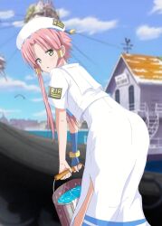 1girl absurdres aria_(manga) aria_company_uniform beret blue_gloves blue_ribbon blue_sky blurry blurry_background blush bucket day depth_of_field dress eyelashes fingerless_gloves floating_island from_behind gloves gold_trim green_eyes hair_tubes hat hat_ribbon highres holding ienosuke_(mr1058) looking_at_viewer looking_back mizunashi_akari open_mouth outdoors parted_bangs pink_hair ribbon sailor_collar short_hair_with_long_locks short_sleeves side_slit single_glove sky solo water white_dress