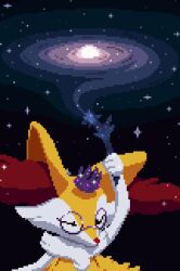 1girl animal_ear_fluff animal_ears animal_nose animated animated_gif arm_up body_fur braixen closed_eyes commission crown female_focus flat_chest fox_ears fox_girl fox_tail furry furry_female galaxy game_freak gen_6_pokemon glasses holding holding_stick looping_animation mini_crown neck_fur nintendo outdoors pince-nez pixel_art pokemon pokemon_(creature) purple-framed_eyewear purple_headwear round_eyewear snout solo space standing star_(sky) stick tail two-tone_fur upper_body white_fur wisgarus yellow_fur