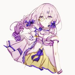 Rule 34 | 1girl, arcaea, bare shoulders, bow, braid, collar, dress, emily-fu0906, hair between eyes, hair ornament, jacket, lagrange (arcaea), long hair, monocle, portrait, purple bow, purple eyes, purple hair, sidelocks, single braid, solo, twintails, white jacket, yellow dress