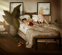 1boy 2girls android_18 bed bed_sheet bedroom black_hair blonde_hair blue_eyes couple dragon_ball dragon_ball_super family father_and_daughter happy husband_and_wife kuririn marron_(dragon_ball) mother_and_daughter multiple_girls pillow sleeping smile